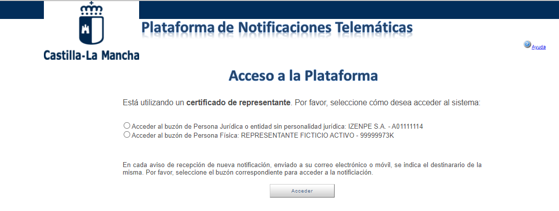 Imagen de ejemplo del acceso a una notificación mediante certificado de representante